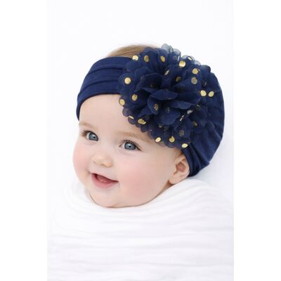 Bentita bleumarin lata cu floare din tulle si buline aurii mbfd349-7-r17