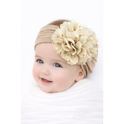 Bentita crem lata cu floare din tulle si buline aurii mbfd349-5-r17