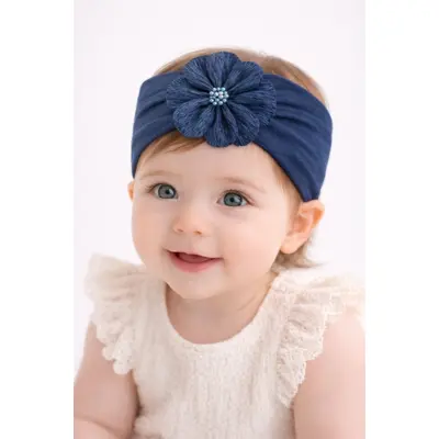 Bentita lata bleumarin pentru bebeluse cu floare aplicata mbx-19025-6-r12