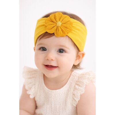 Bentita lata galben mustar pentru bebeluse cu floare aplicata mbx-19025-5-r12