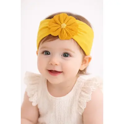 Bentita lata galben mustar pentru bebeluse cu floare aplicata mbx-19025-5-r12