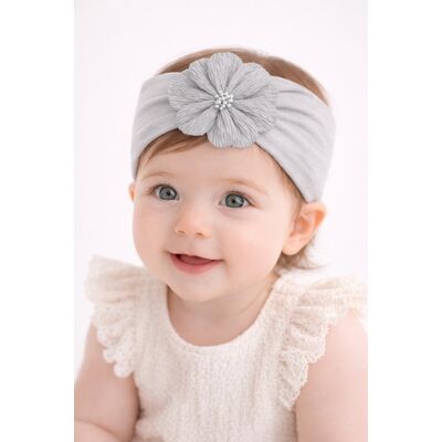 Bentita lata gri pentru bebeluse cu floare aplicata mbx-19025-2-r12