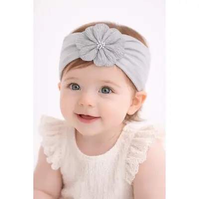 Bentita lata gri pentru bebeluse cu floare aplicata mbx-19025-2-r12