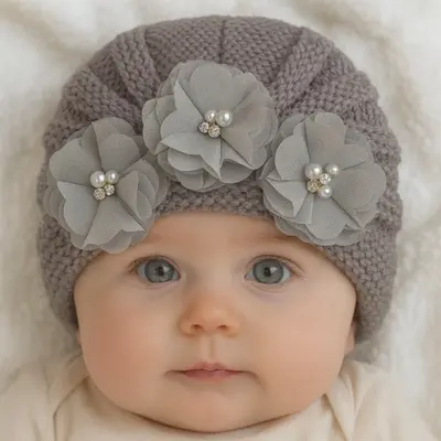 Caciulita tip turban cu floricele - gri mdx-19065-sa1-4