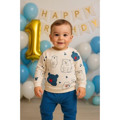 Set bluzita si pantaloni din bumbac cu ursuleti imprimati bbl92