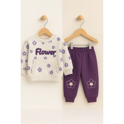 Set bluzita si pantaloni flower 2 piese, crem mov bbl88