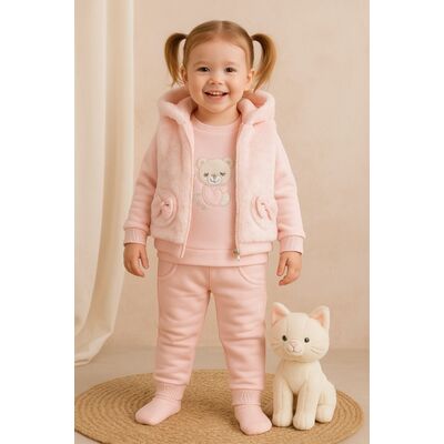 Set fetite 3 piese roz, bluza, vesta pufoasa cu gluga, pantaloni asortati bbl93