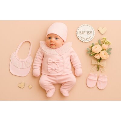 Set fetite 5 piese roz pal cu dantela – bluza, pantaloni, bavetica, caciulita si manusi – 0-3 luni bbl95