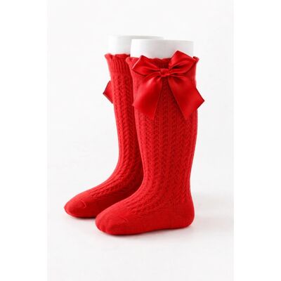 Sosete rosii trei sferturi cu model din tesatura si fundita din satin mbs01-1-c2