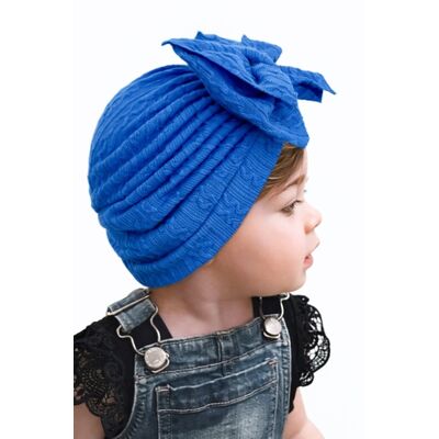 Caciulita albastra tip turban cu model din tesatura si funda aplicata amx-22032-2