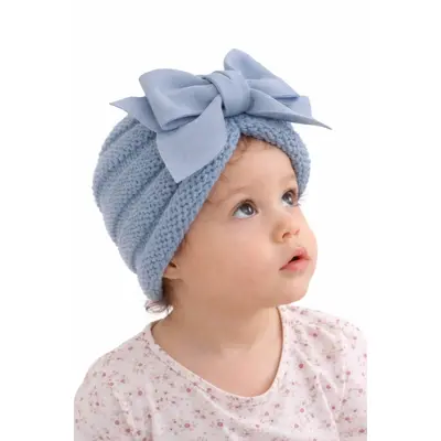 Caciulita bleu crosetata tip turban cu fundita aplicata in fata lix-22099-2-sa1