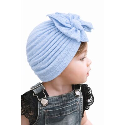 Caciulita bleu tip turban cu model din tesatura si funda aplicata amx-22032-5