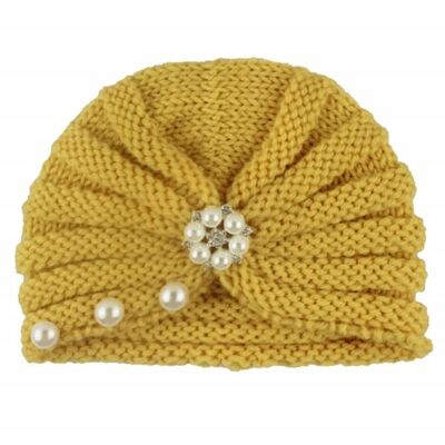 Caciulita galbena crosetata tip turban cu perlute si strasuri mdx-19064-3-sa1