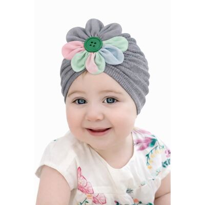 Caciulita gri tip turban cu floricica multicolora md23107-2-ct7