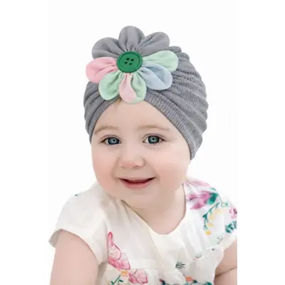 Caciulita gri tip turban cu floricica multicolora md23107-2-ct7