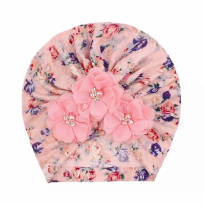 Caciulita tip turban cu floricele roz cu strasuri aplicate mdx-19062-4-c3