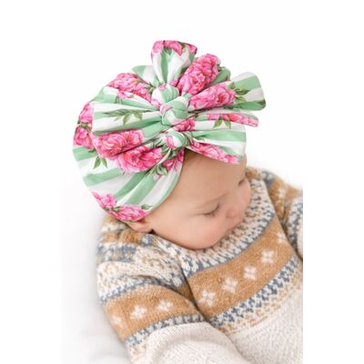 Caciulita tip turban inflorata cu dungi verzi si fundite in fata mbx-20021-2-ct2