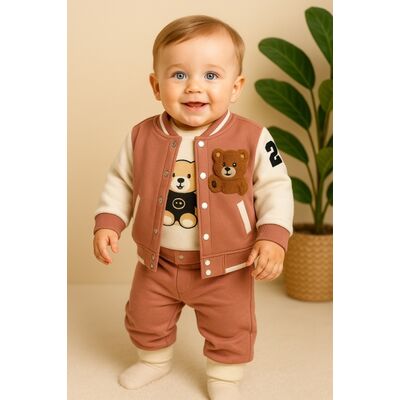 Costumas 3 piese baietel cu ursulet, hanorac varsity si pantaloni trpb0026