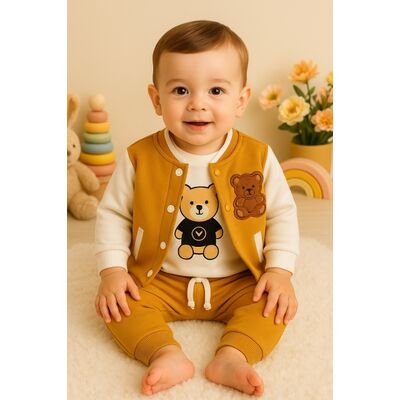 Costumas 3 piese bebelusi cu ursulet - hanorac, bluza si pantaloni comozi trpb0027