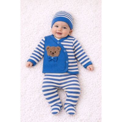 Costumas bebelusi 3 piese albastru cu ursulet | haine bebe moi si confortabile trpb0018
