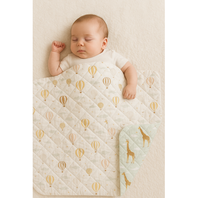 Paturica Bebelus Handmade Matlasata Din Bumbac Premium Cu Fata Dubla ,   Giraffe Head In Clouds, 135x100 Cm Pjb87662