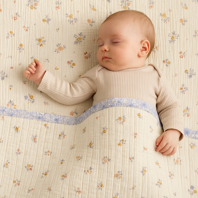 Paturica Bebelus Handmade Matlasata Din Muselina Premium Cu Fata Dubla ,   Zomea Ecru Blue, 135x100 Cm Pjb106681