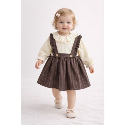 Rochita pentru bebelusi cu bretele si bluza integrata cu volanase, maro-bej tram0014