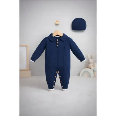 Salopeta tricotata bebelusi baieti cu guler si caciulita, culoare bleumarin tram0011