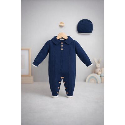 Salopeta tricotata bebelusi baieti cu guler si caciulita, culoare bleumarin tram0011