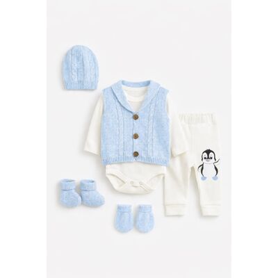 Set 5 piese bleu – body, vesta tricotata, pantaloni, caciulita, botosei si manusi trpb0021