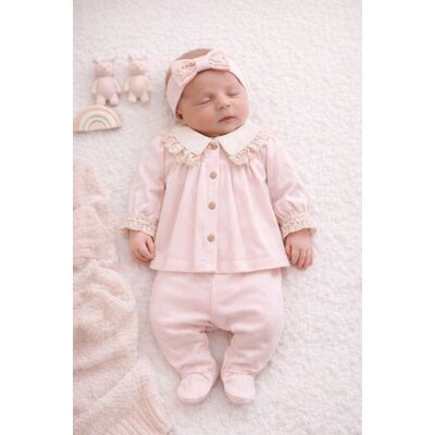 Set baby aura 0–3 luni, 3 piese cu tiv din dantelă la guler - roz bp2504