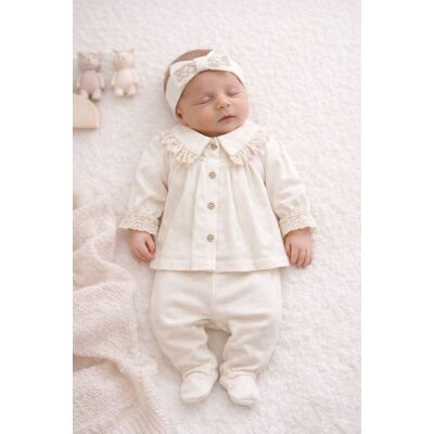 Set baby aura 0–3 luni, 3 piese cu tiv din dantelă la guler b2504