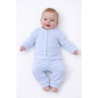 Set bebelusi 2 piese bumbac rib &ndash; bluza cu capse si pantaloni, culoare bleu tram0004-cp1