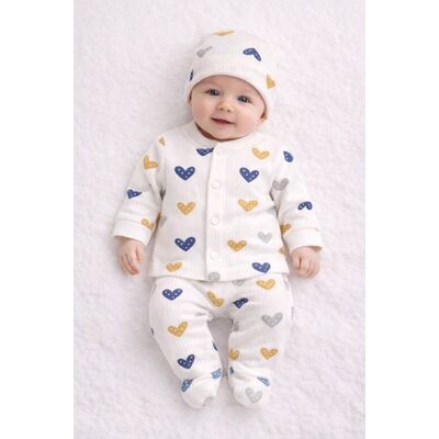Set bebelusi 3 piese, bumbac rib, imprimeu inimioare colorate trpb0009-cp1