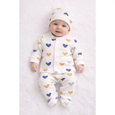 Set bebelusi 3 piese, bumbac rib, imprimeu inimioare colorate trpb0009-cp1