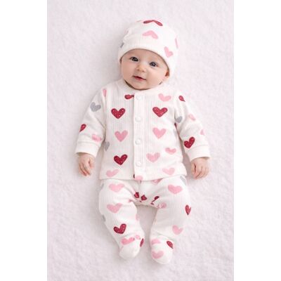 Set bebelusi 3 piese, bumbac rib, imprimeu inimioare trpb0010-cp1
