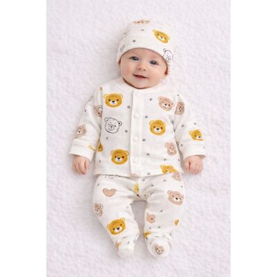 Set bebelusi 3 piese, bumbac rib, imprimeu ursuleti, bluzita cu capse, pantaloni si caciulita trpb0011-cp1