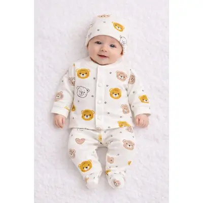 Set bebelusi 3 piese, bumbac rib, imprimeu ursuleti, bluzita cu capse, pantaloni si caciulita trpb0011-cp1
