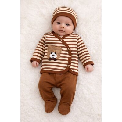 Set bebelusi 3 piese 0-3 luni, model dungi cu ursulet, maro-bej, bumbac trpb0031