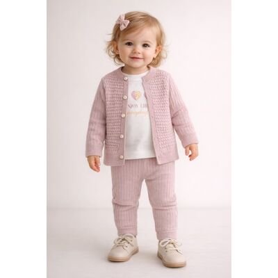 Set roz pudra tricotat 3 piese, cardigan + bluza + pantaloni trpb0008