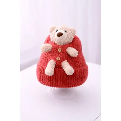 Caciulita bebelusi caramizie tricotata cu ursulet aplicat, caciula calduroasa si moale adoctsc07-5-sa4