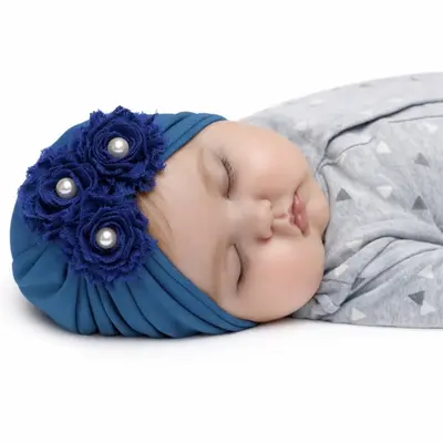 Caciulita bebelusi tip turban albastra cu floricele si perlute, moale si elastica, look premium fetite mbx-19068-1-ct6