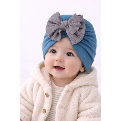 Caciulita bebelusi tip turban albastru petrol cu funda gri, material elastic si confortabil pentru fetite mbx-21008-5-ct3