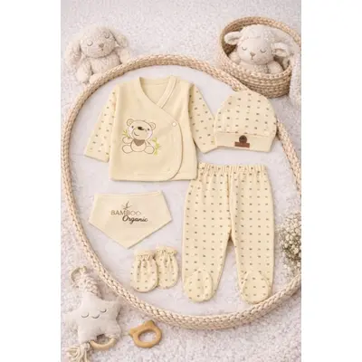 Costumas bebelus 5 piese din bumbac organic cu broderie ursulet, set complet nou nascut trpb0088