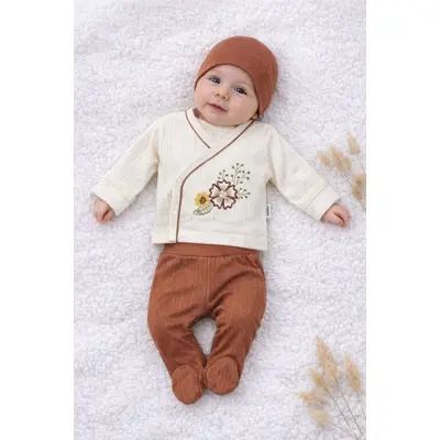 Costumas bebelusi 3 piese crem-caramel, bumbac premium, broderie florala trpb0041-cp1