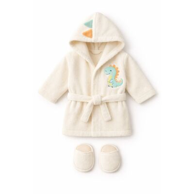 Halat de baie ivoire din bumbac pentru bebelusi cu gluga si aplicatie dinozaur si papuci tram0023
