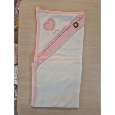 Prosop bebelusi alb cu gluga si aplicatie inimioara roz, material moale si delicat trpb0075