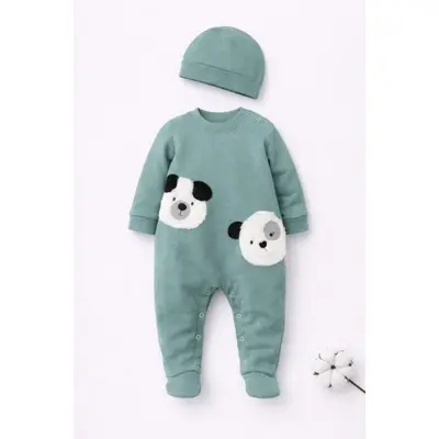 Salopeta bebelusi cu botosei, verde, bumbac, model catei, cu caciulita tram0031