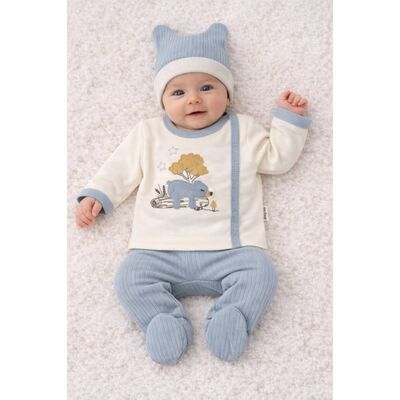 Set 0-3 luni bumbac 3 piese, bluza petrecuta cu nasturi, pantaloni cu botosei si caciulita trpb0058-cp1