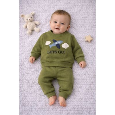 Set bebeluși baby go cu imprimare avion - kaki by3758-1